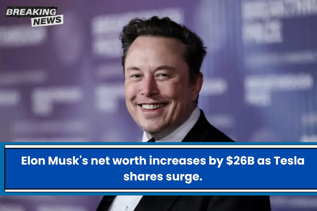 Elon Musk's net worth increases by $26B as Tesla shares surge.